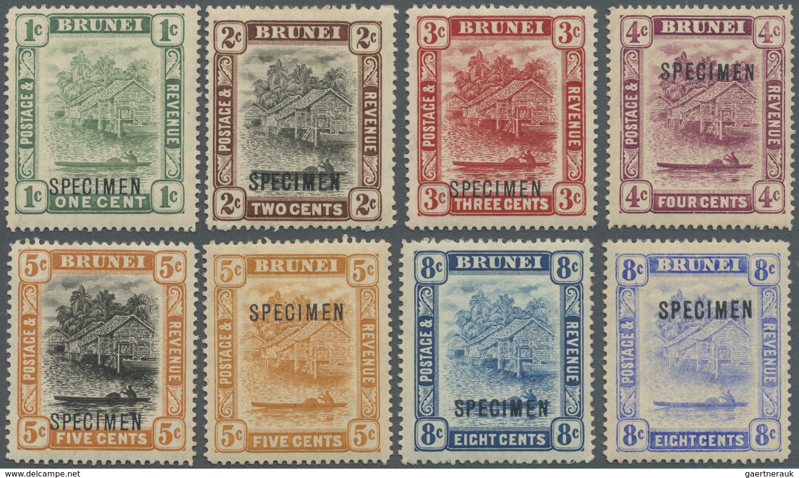 * Brunei: 1908/1922, 'Huts And Canoe' Colour Changes With Black SPECIMEN Opt. Complete Set Of 16 To $2 - Brunei (1984-...)