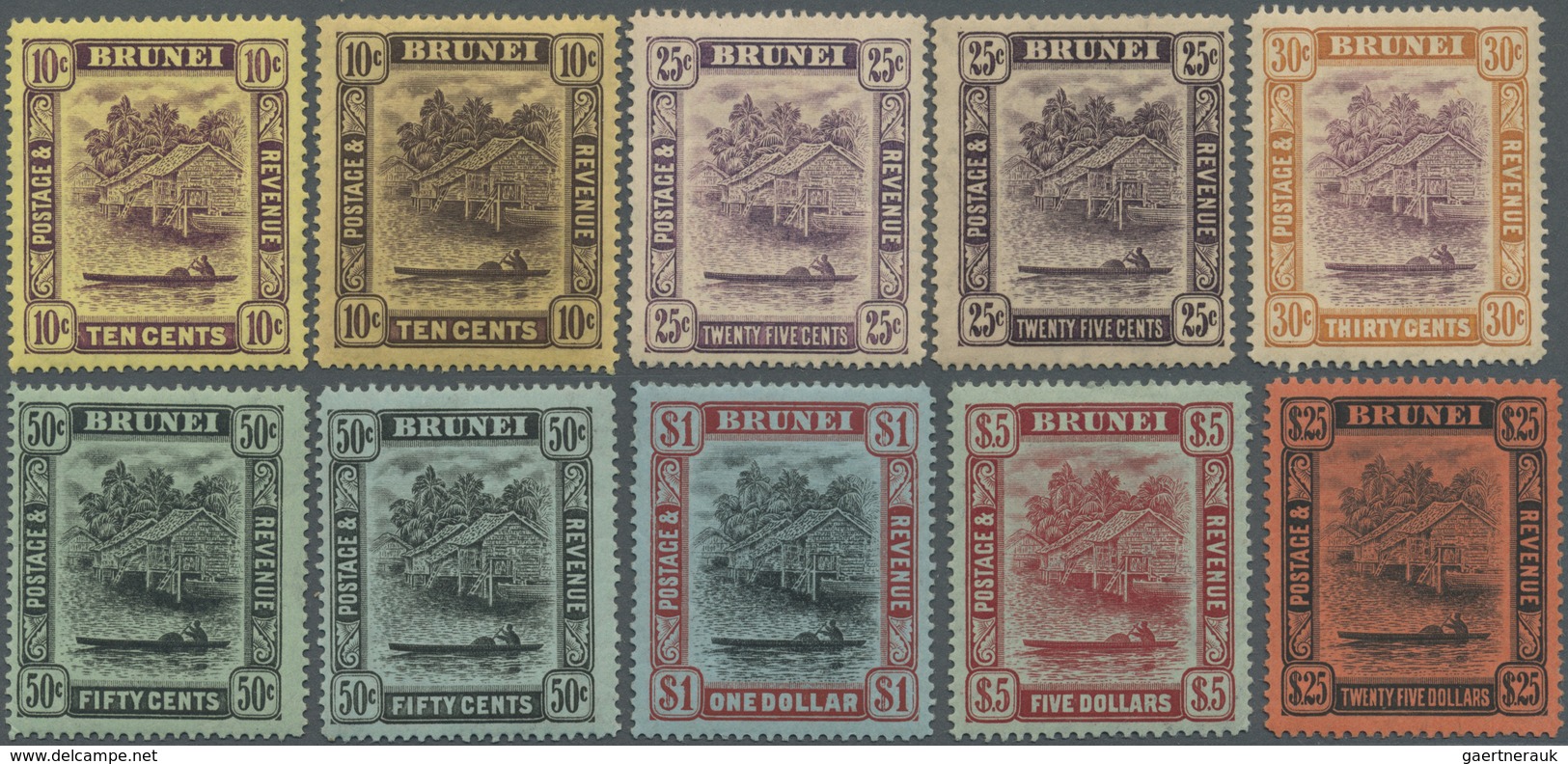 * Brunei: 1908/1922, 'Huts And Canoe' Colour Changes Set Of 20 To $25 Incl. Some Listed Shades, Mint H - Brunei (1984-...)