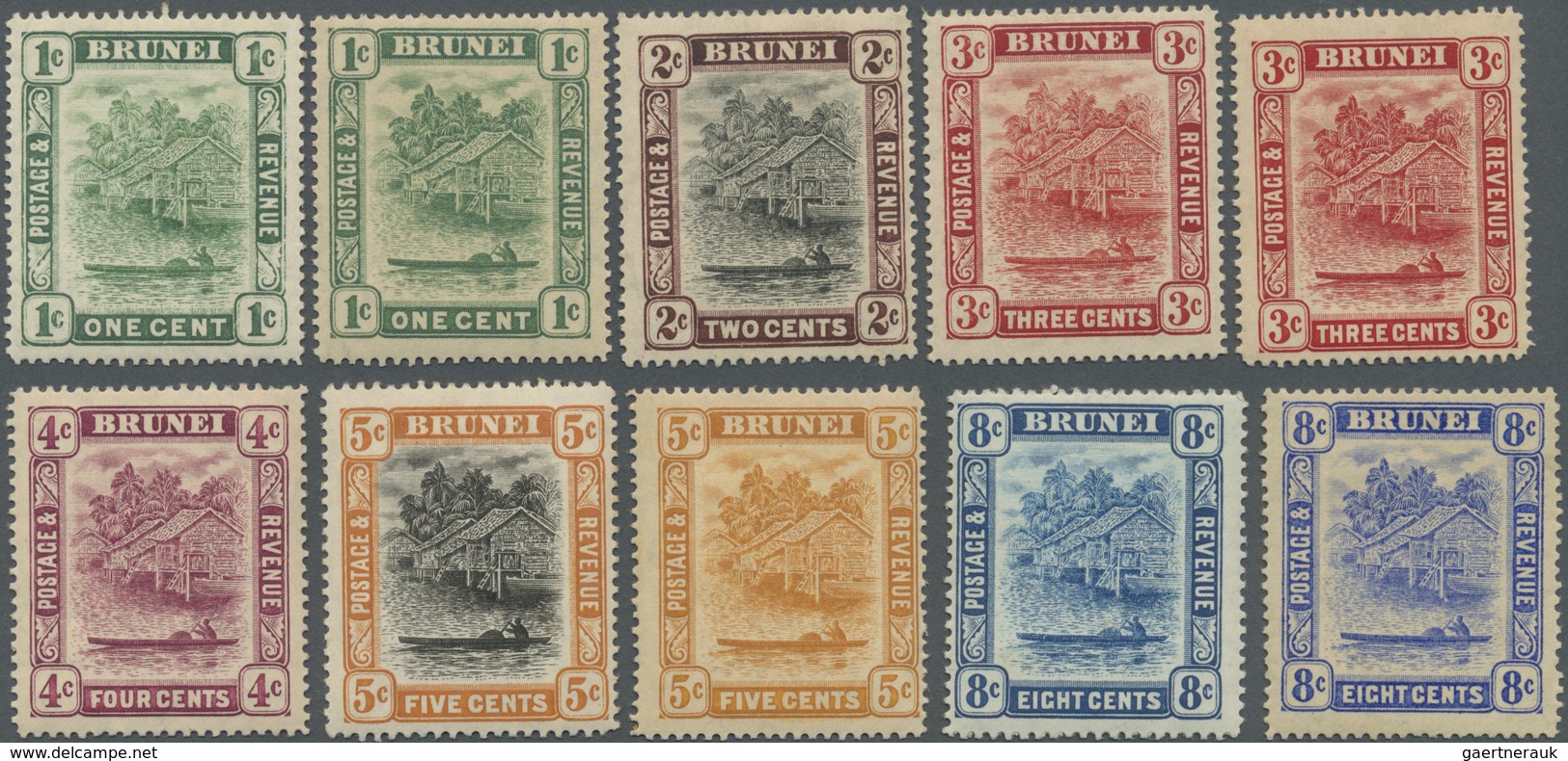 * Brunei: 1908/1922, 'Huts And Canoe' Colour Changes Set Of 20 To $25 Incl. Some Listed Shades, Mint H - Brunei (1984-...)