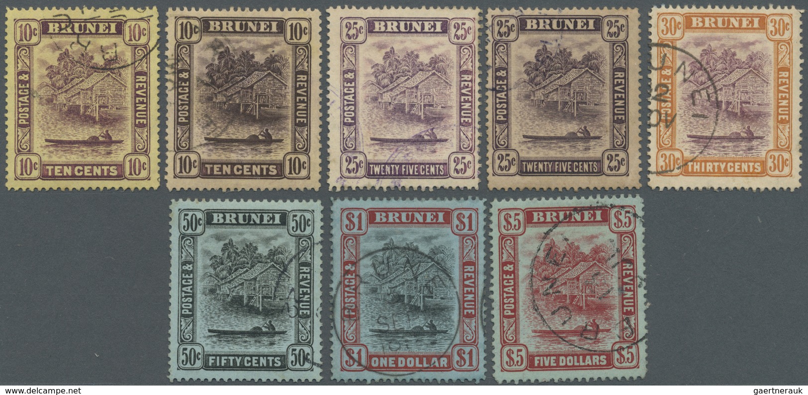 O Brunei: 1908/1922, 'Huts And Canoe' Colour Changes Set Of 18 To $5 Incl. Some Listed Shades, Fine Us - Brunei (1984-...)