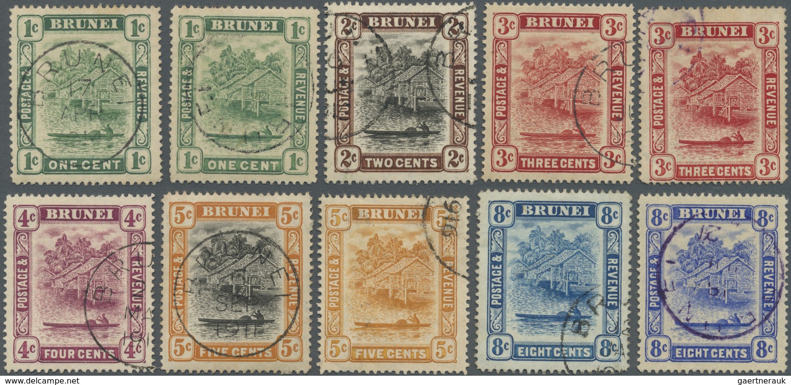 O Brunei: 1908/1922, 'Huts And Canoe' Colour Changes Set Of 18 To $5 Incl. Some Listed Shades, Fine Us - Brunei (1984-...)