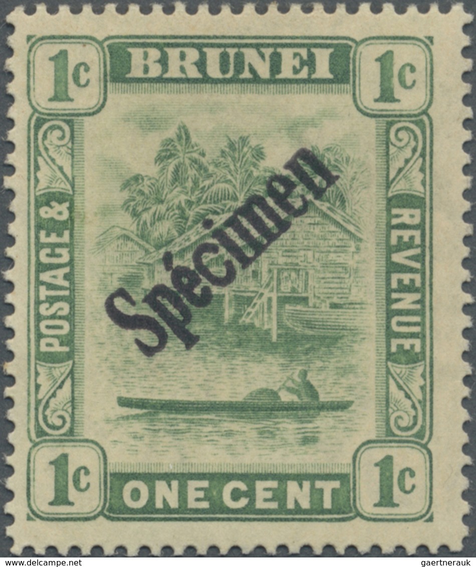 ** Brunei: 1911, 'Huts And Canoe' 1c. Green Single Plate With Diagonal 'Spécimen' Opt. From An Unknown - Brunei (1984-...)