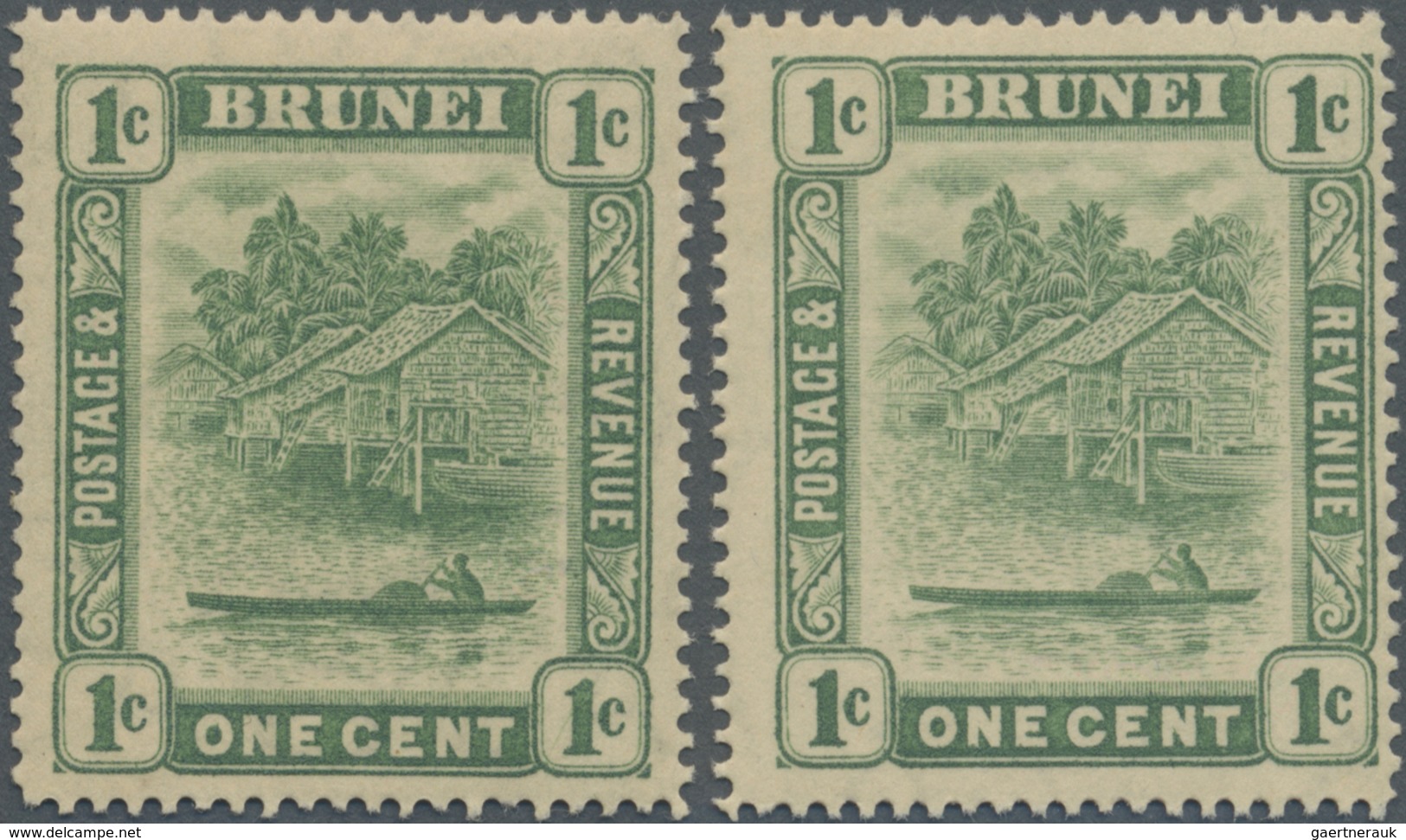 ** Brunei: 1911, 'Huts And Canoe' 1c. Green Single Plate Two Stamps With WATERMARK ERRORS Incl. One Wit - Brunei (1984-...)