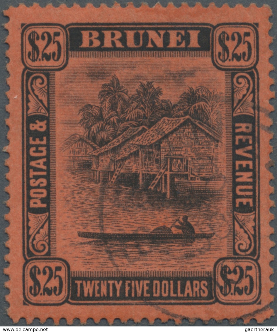 O Brunei: 1910, 'Huts And Canoe' $25 Black On Red Very Fine Used With Light BRUNEI Cds., Rare Stamp! S - Brunei (1984-...)