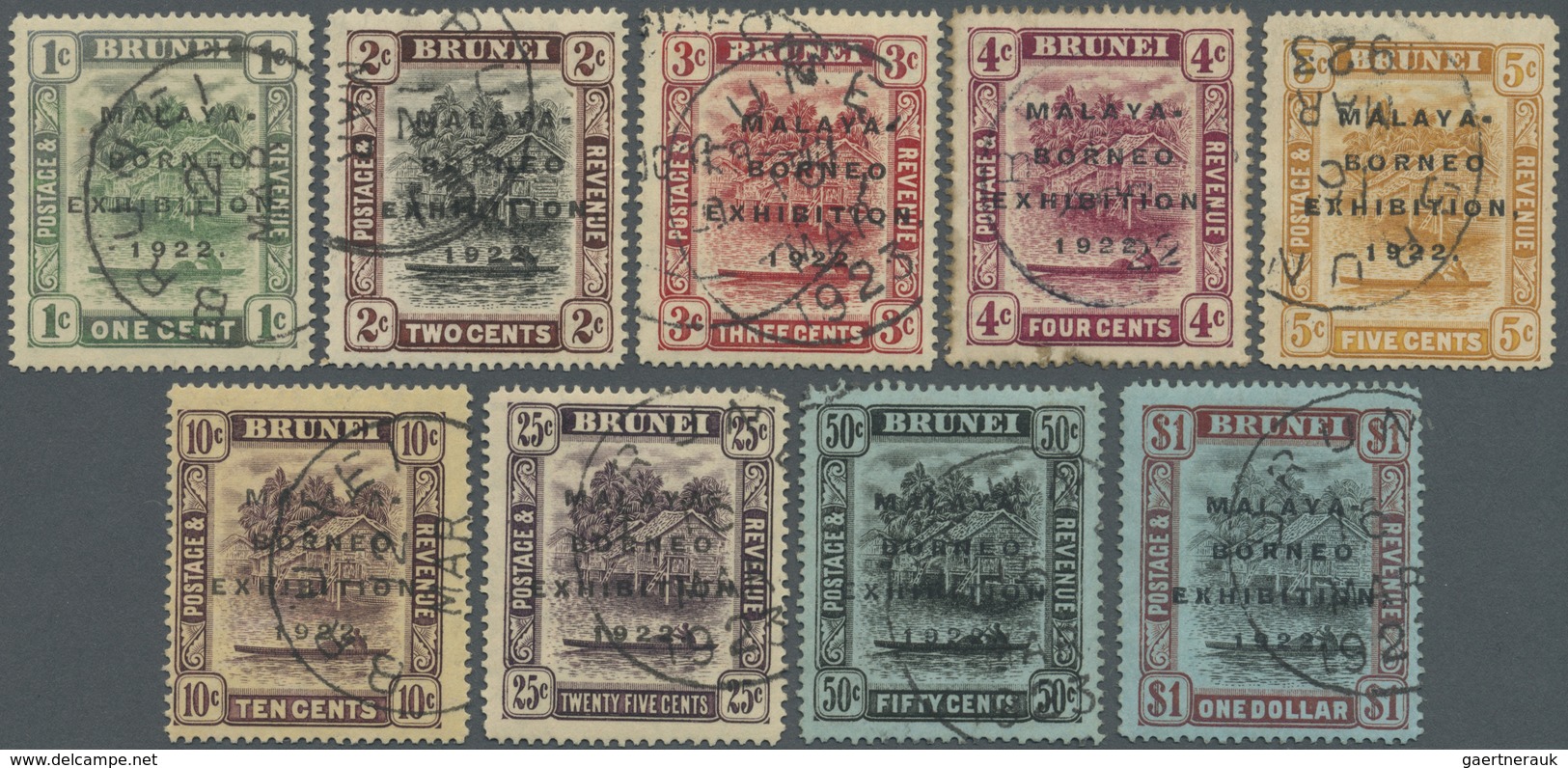 O Brunei: 1922, Malaya-Borneo Exhibition Complete Set Of 9 Fine Used (4c. Perf. Fault At Bottom), SG. - Brunei (1984-...)