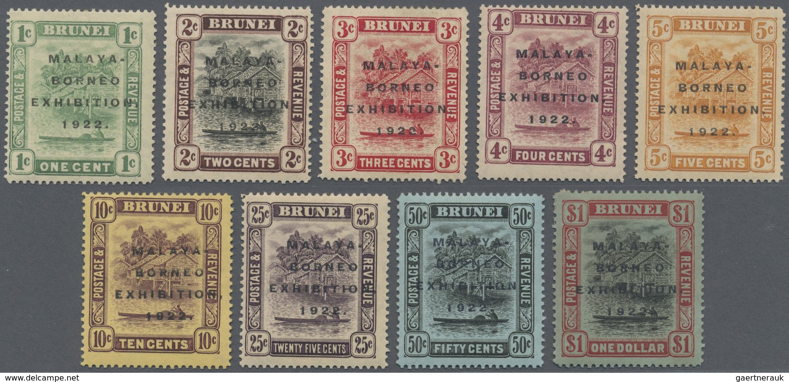 * Brunei: 1922 'Malaya-Borneo Exhibition' Complete Set Of Nine Each With Variety "Short "I" In EXHIBIT - Brunei (1984-...)