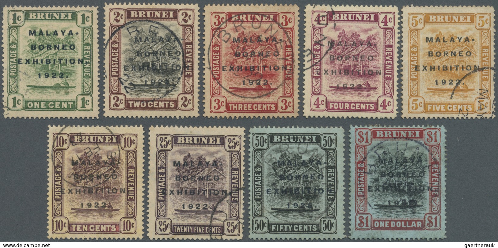 O Brunei: 1922, Malaya-Borneo Exhibition Complete Set Of 9 All With Variety 'SHORT I', Fine Used And V - Brunei (1984-...)