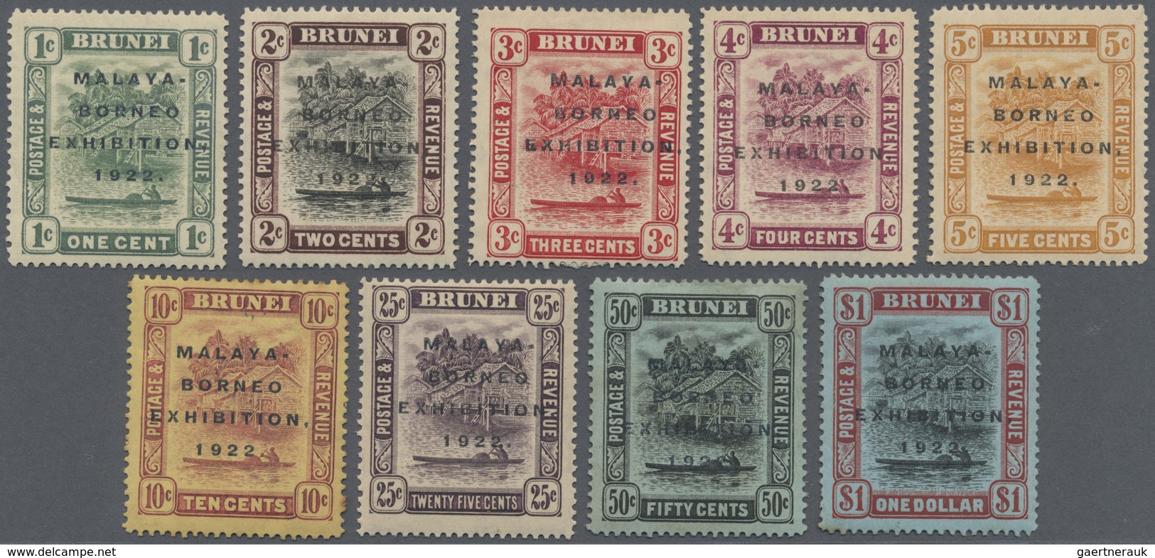 * Brunei: 1922 'Malaya-Borneo Exhibition' Complete Set Of Nine Each With Variety "Broken "E" In EXHIBI - Brunei (1984-...)