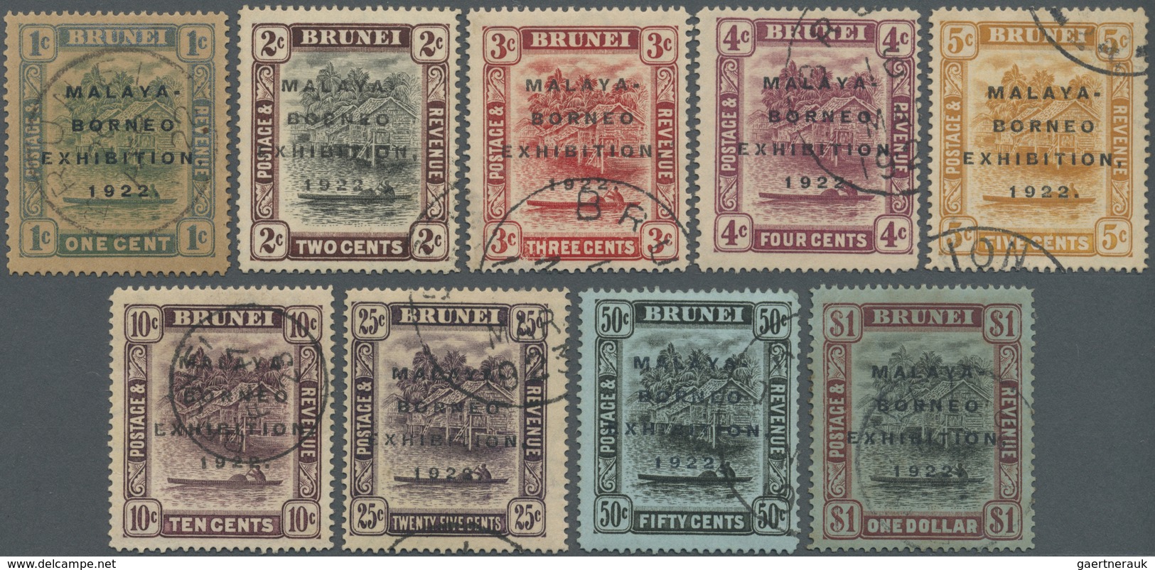 O Brunei: 1922, Malaya-Borneo Exhibition Complete Set Of 9 All With Variety 'BROKEN E', Fine Used And - Brunei (1984-...)