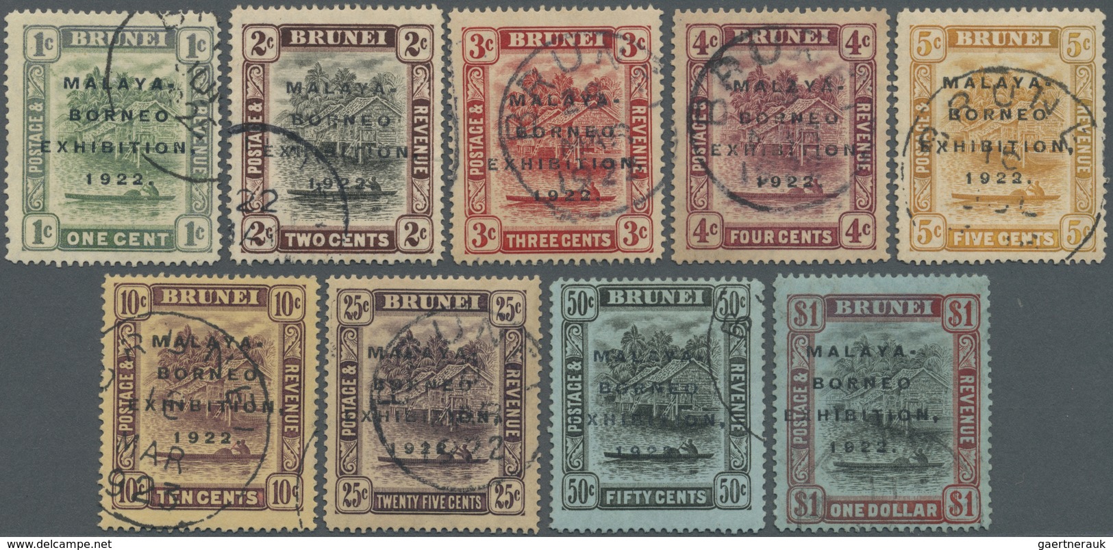 O Brunei: 1922, Malaya-Borneo Exhibition Complete Set Of 9 All With Variety 'SHORT I', Fine Used And S - Brunei (1984-...)