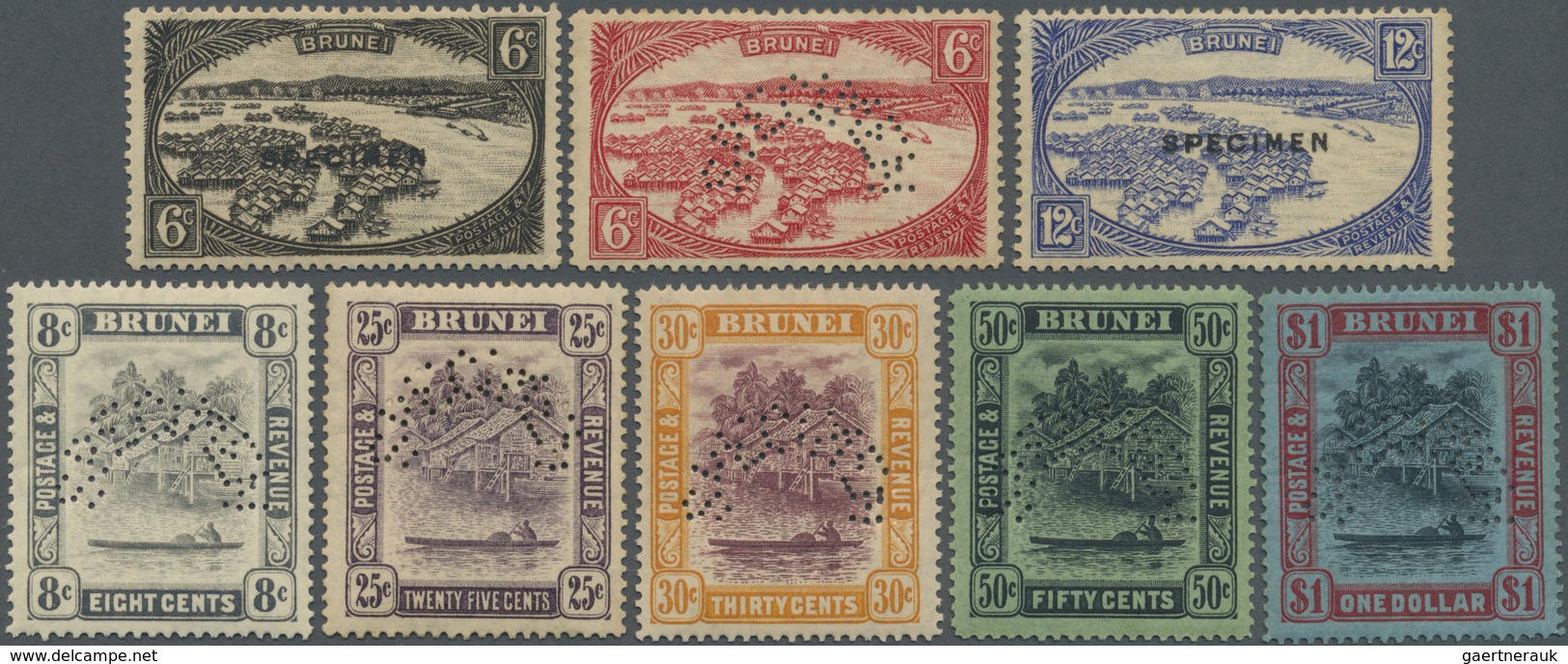 * Brunei: 1924/1933, 'Huts And Canoe And Water Village' Complete Set Of 18 Perforated Or Optd. SPECIME - Brunei (1984-...)