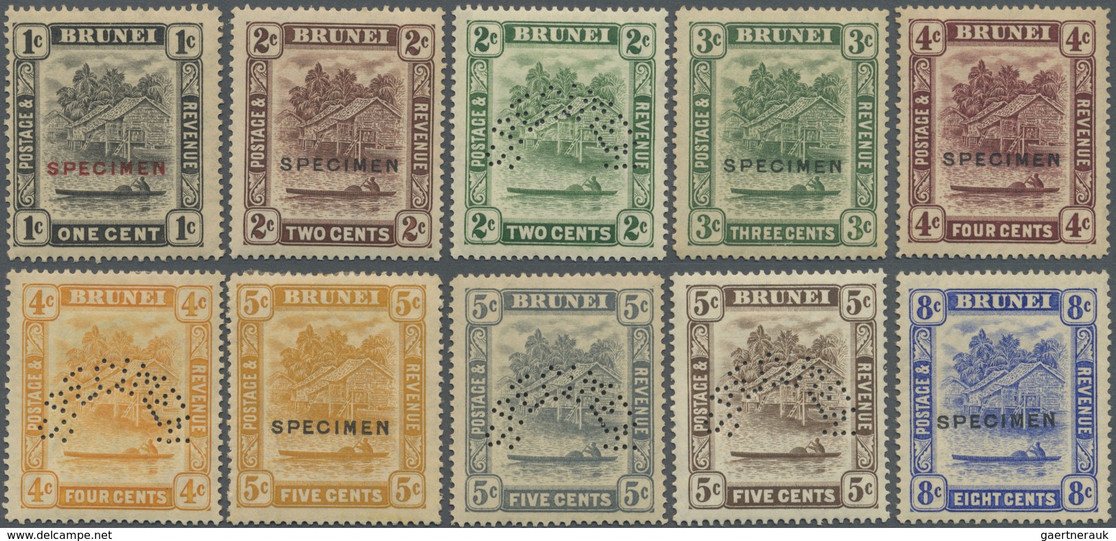 * Brunei: 1924/1933, 'Huts And Canoe And Water Village' Complete Set Of 18 Perforated Or Optd. SPECIME - Brunei (1984-...)