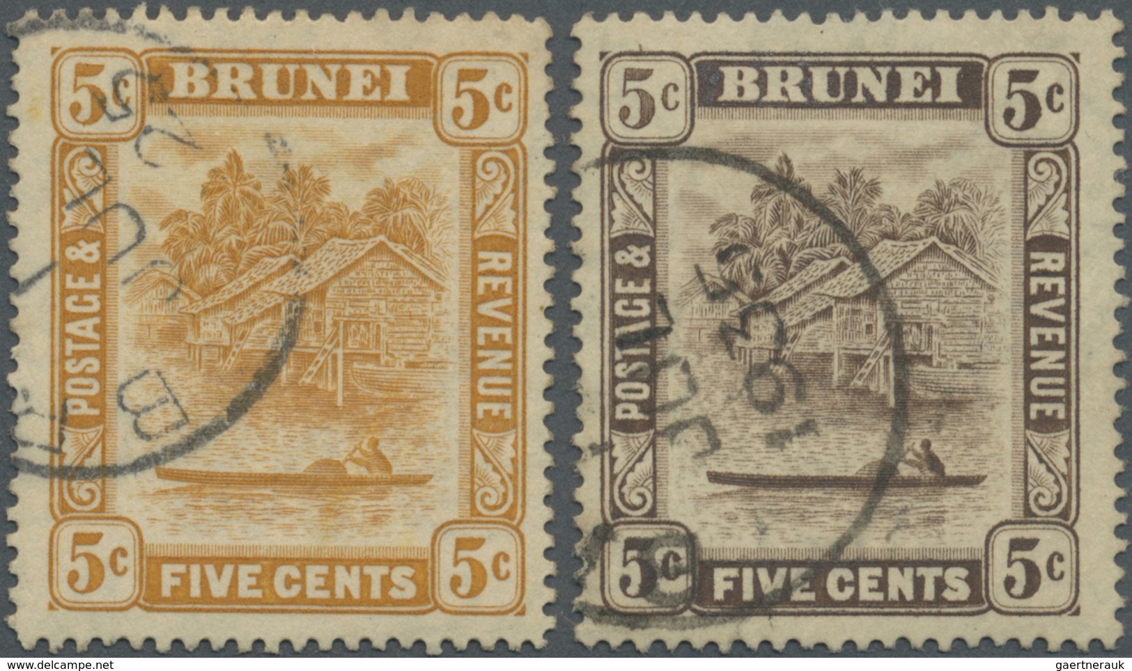 O Brunei: 1924/1933, 'Huts And Canoe' 5c. Orange And 5c. Brown Both With Variety 'RETOUCHED 5c', Very - Brunei (1984-...)