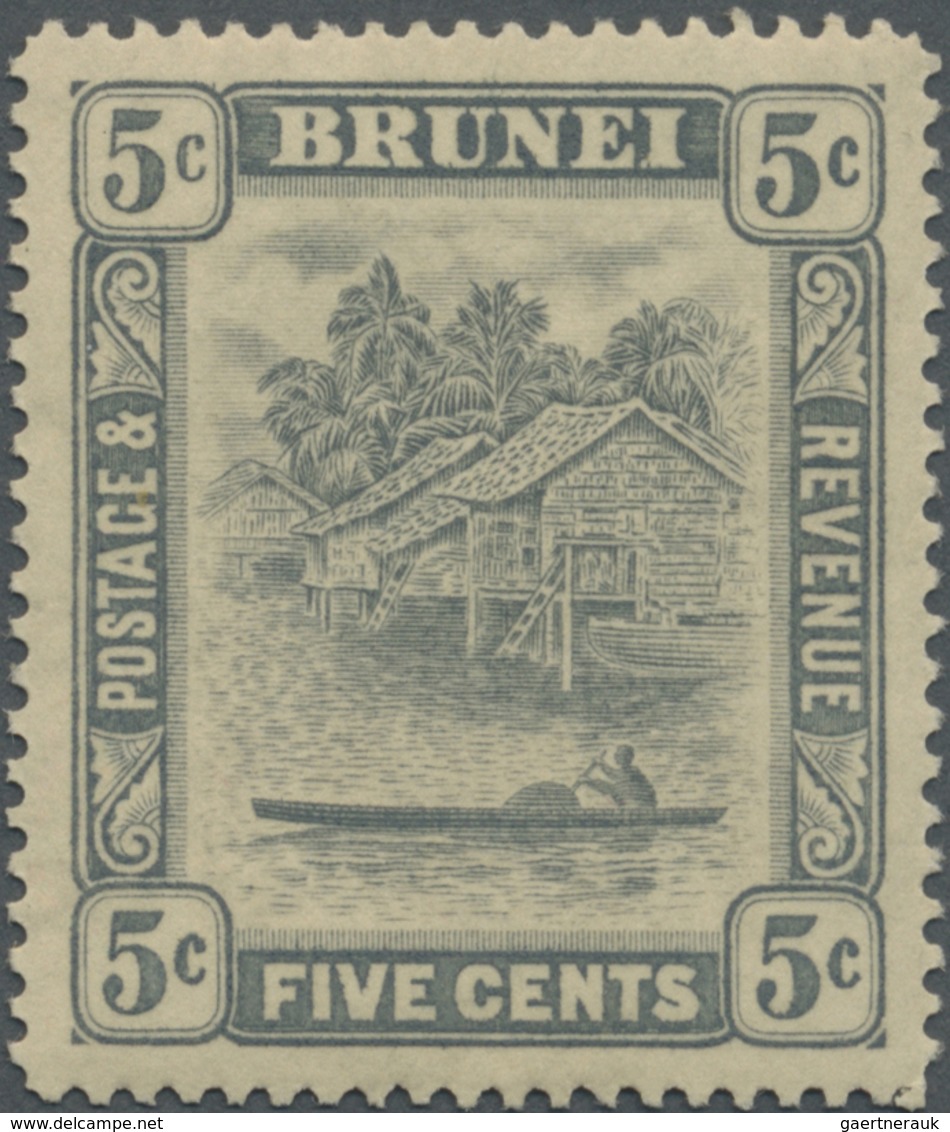 * Brunei: 1931, 'Huts And Canoe' 5c. Grey With Variety 'RETOUCHED 5c', Mint Very Lightly Hinged, SG. £ - Brunei (1984-...)