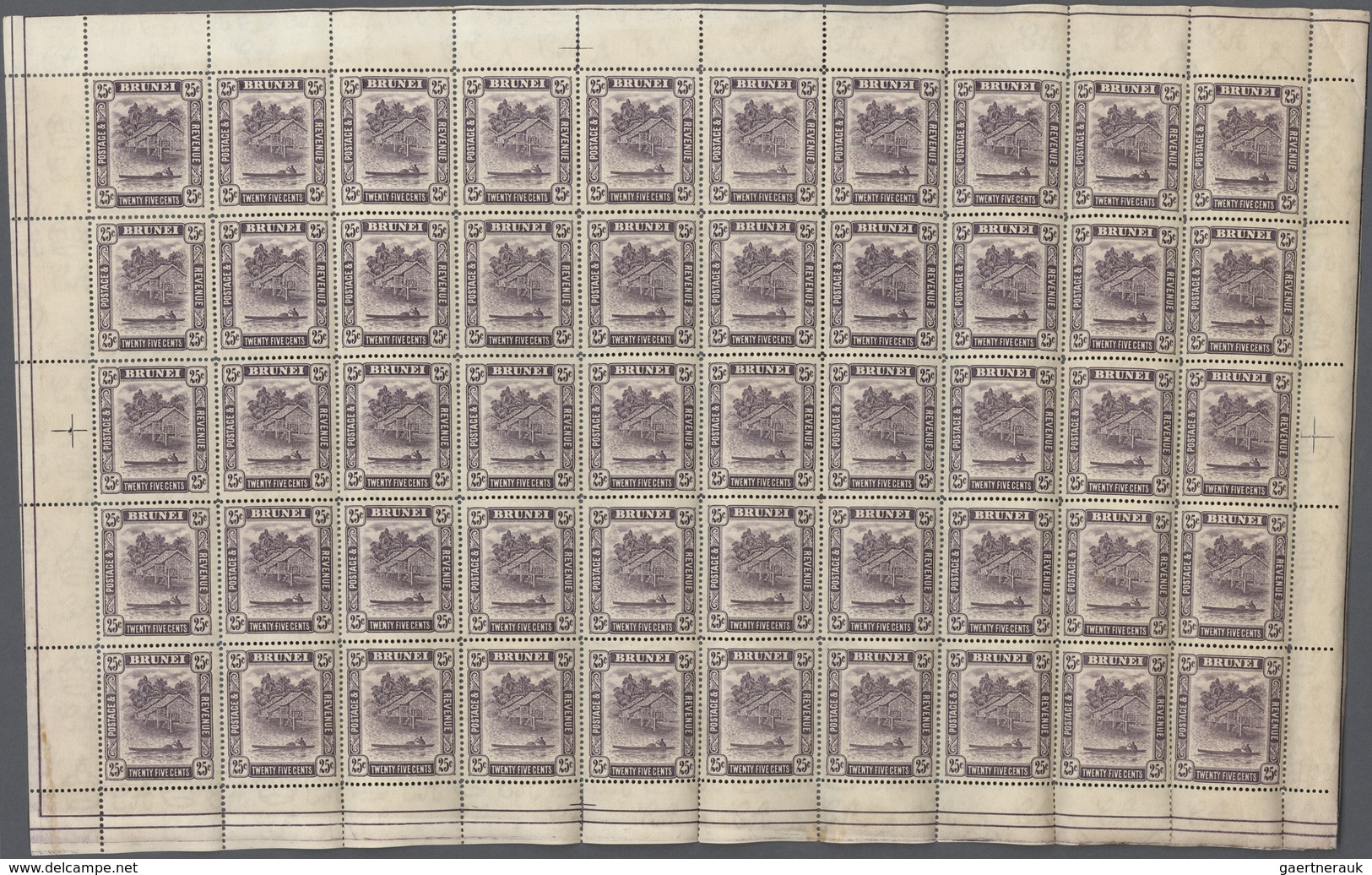 ** Brunei: 1931 25c. Slate-purple Complete Sheet Of 50, Mint Never Hinged, Lightly Toned/stained Otherw - Brunei (1984-...)