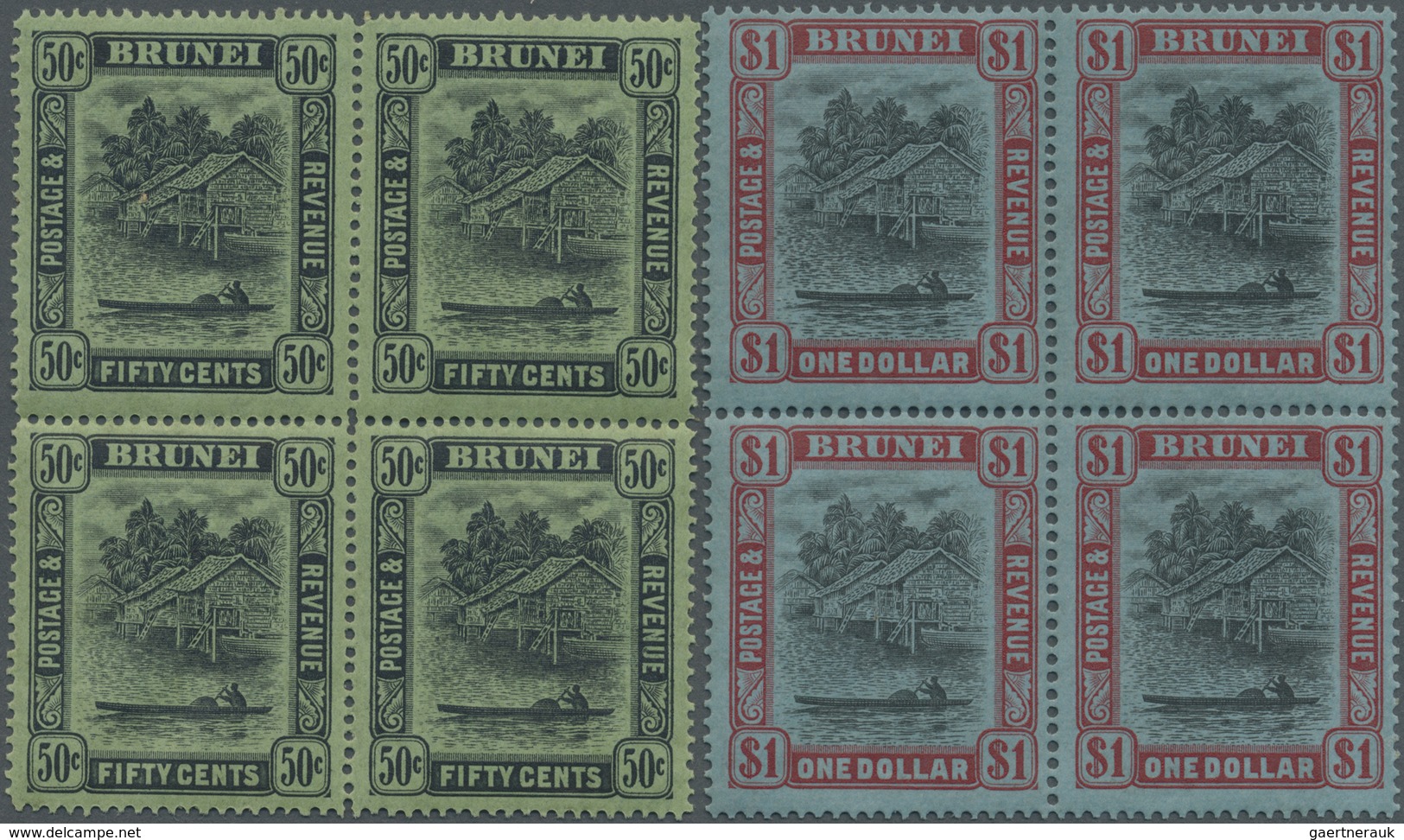 * Brunei: 1931, 'Huts And Canoe' Four High Denominations 25c. To $1 In Blocks Of Four, Mint Hinged, SG - Brunei (1984-...)