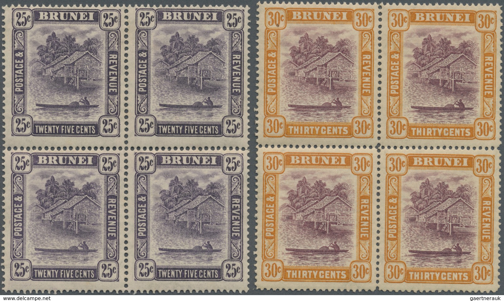 * Brunei: 1931, 'Huts And Canoe' Four High Denominations 25c. To $1 In Blocks Of Four, Mint Hinged, SG - Brunei (1984-...)