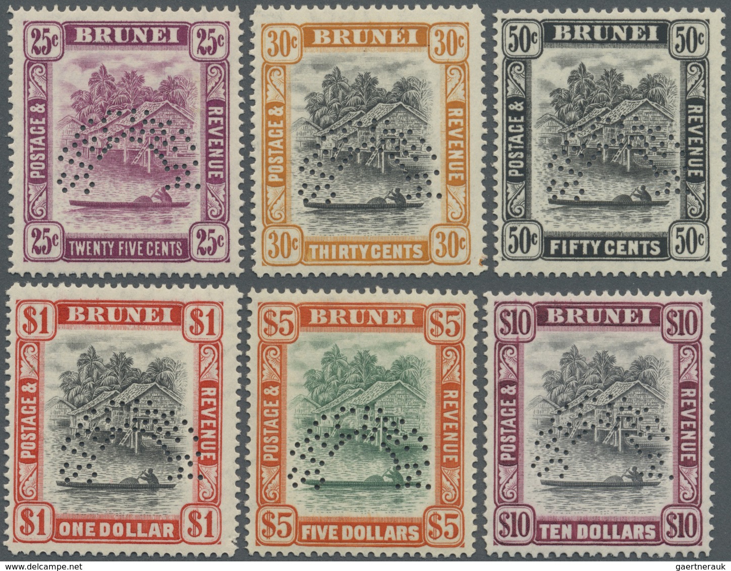 * Brunei: 1947/1948, 'Huts And Canoe And Water Village' With Mult. Script CA Wmk. Complete Set Of 14 P - Brunei (1984-...)