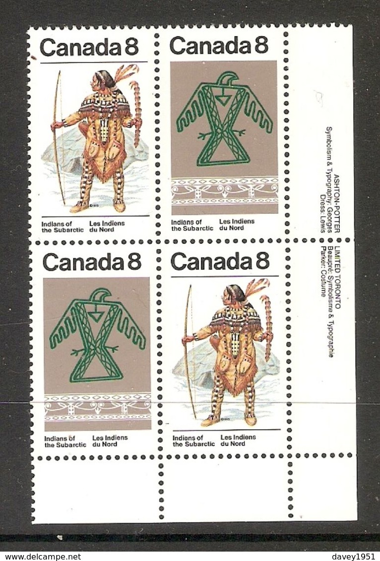 006337 Canada 1975 Indians 8c Plate Block LR MNH - Plate Number & Inscriptions