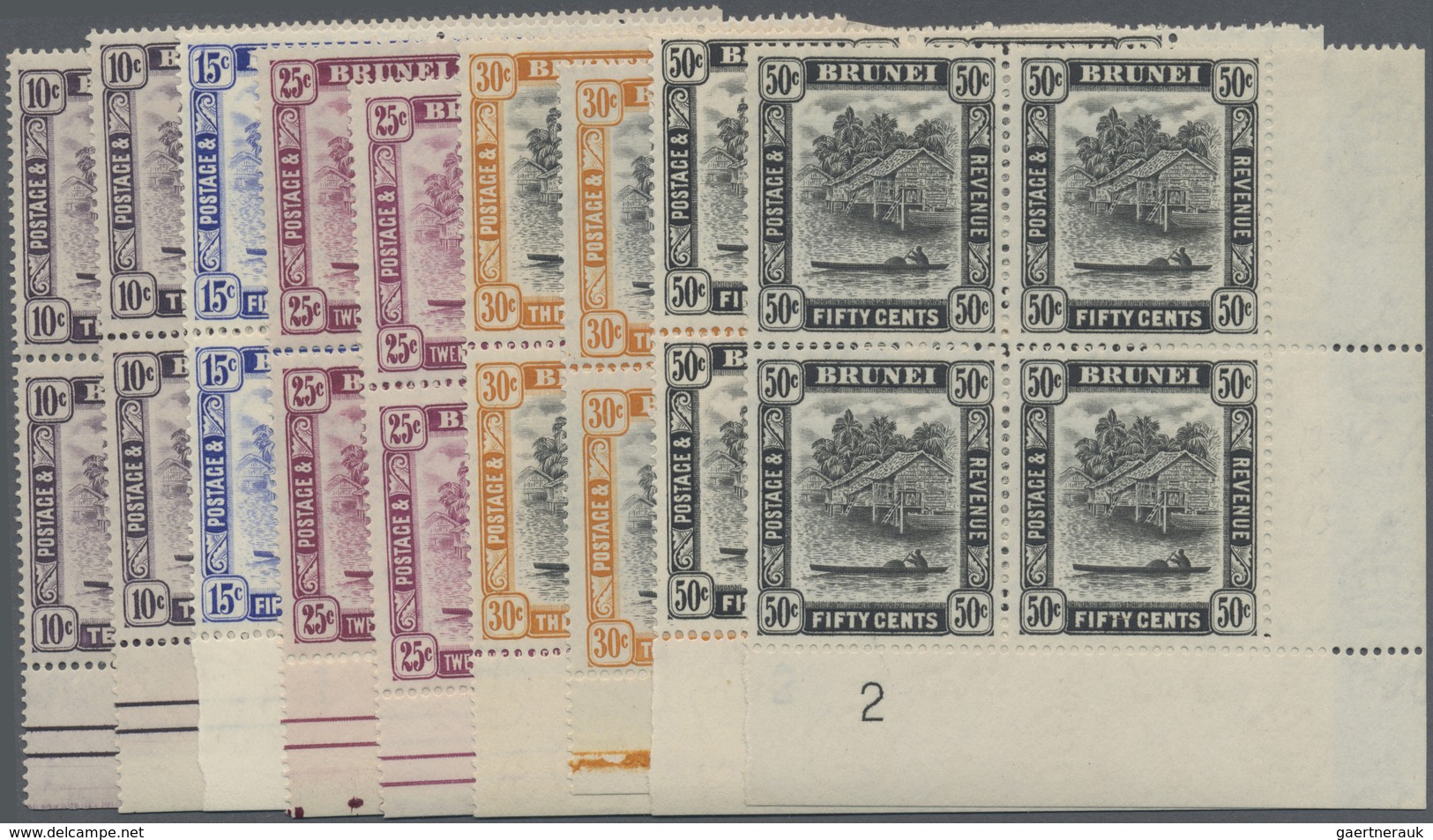 ** Brunei: 1947/1951, 'Huts And Canoe And Water Village' With Mult. Script CA Wmk. Complete Set Of 14 A - Brunei (1984-...)