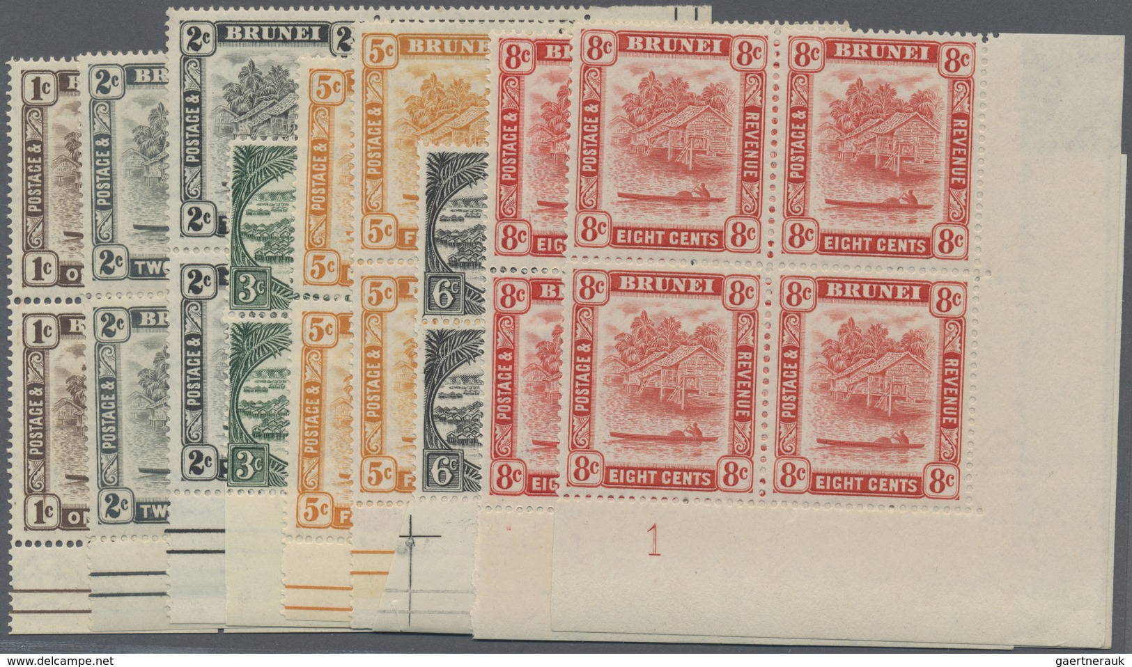 ** Brunei: 1947/1951, 'Huts and Canoe and Water Village' with Mult. Script CA wmk. complete set of 14 a