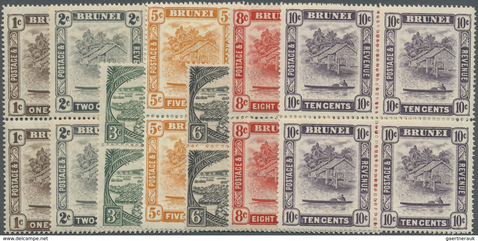 ** Brunei: 1947/1948, 'Huts And Canoe And Water Village' With Mult. Script CA Wmk. Complete Set Of 14 I - Brunei (1984-...)