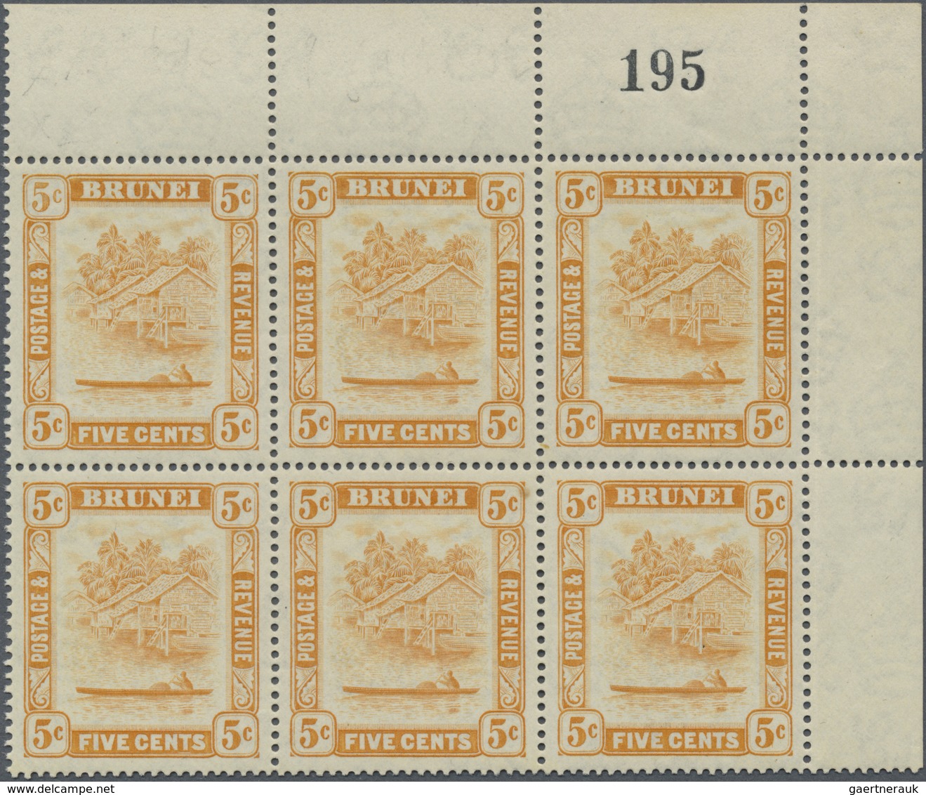 ** Brunei: 1947/1950, 'Huts And Canoe' 5c. Orange Two Blocks Of Six From Upper Right Corners With Diffe - Brunei (1984-...)