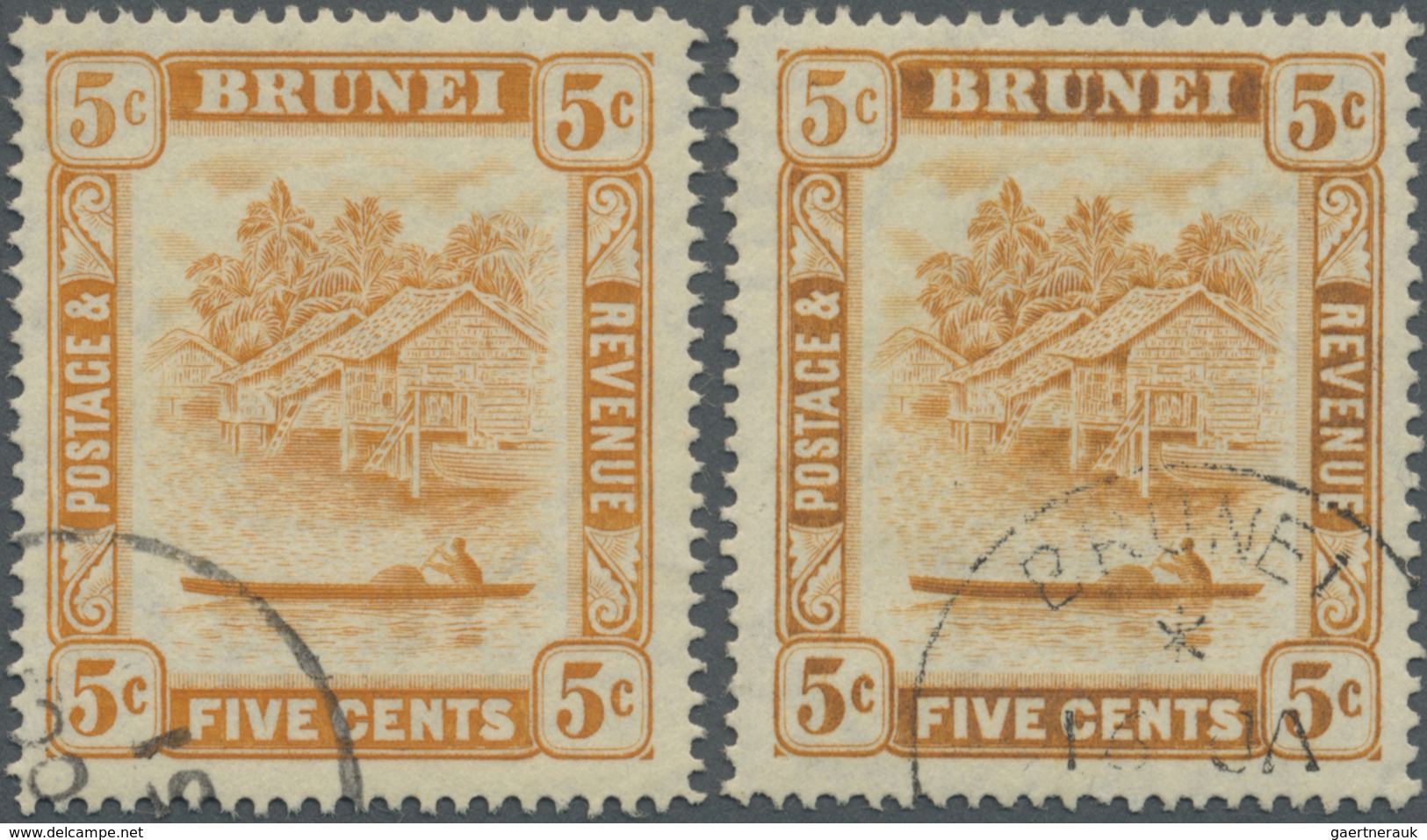 O Brunei: 1947/1950, 'Huts And Canoe' 5c. Orange Two Stamps With Different Perf. Both With Variety 'RE - Brunei (1984-...)