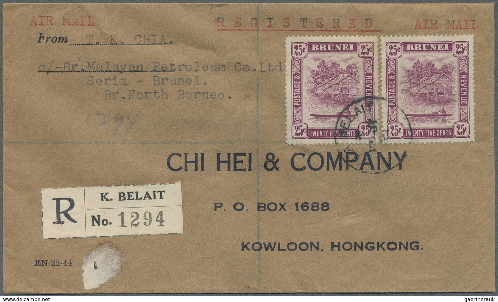 Br Brunei: 1951 Registered Airmail Cover From Kuala Belait To Kowloon, Hongkong Franked By 1947 25c. De - Brunei (1984-...)