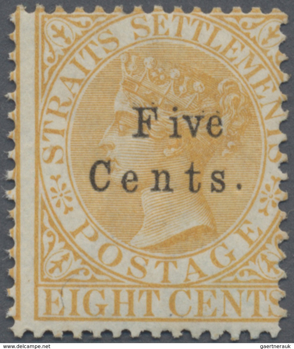 * Malaiische Staaten - Straits Settlements: 1879 "Five Cents." On 8c. Orange With Overprint Variety "F - Straits Settlements