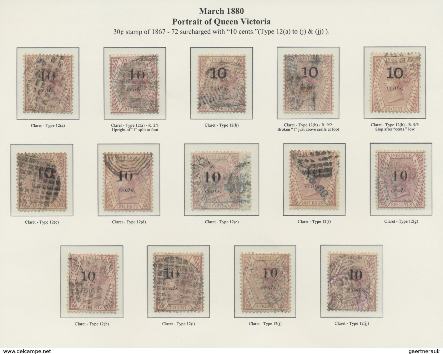 O Malaiische Staaten - Straits Settlements: 1880 "10 Cents." On 30c. Claret COMPLETE SET Of The 11 Typ - Straits Settlements