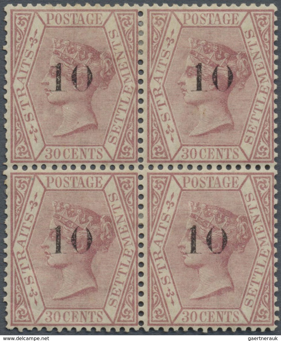 /* Malaiische Staaten - Straits Settlements: 1880 "10" On 30c. Claret, Ovpt. Type (a), Block Of Four, M - Straits Settlements