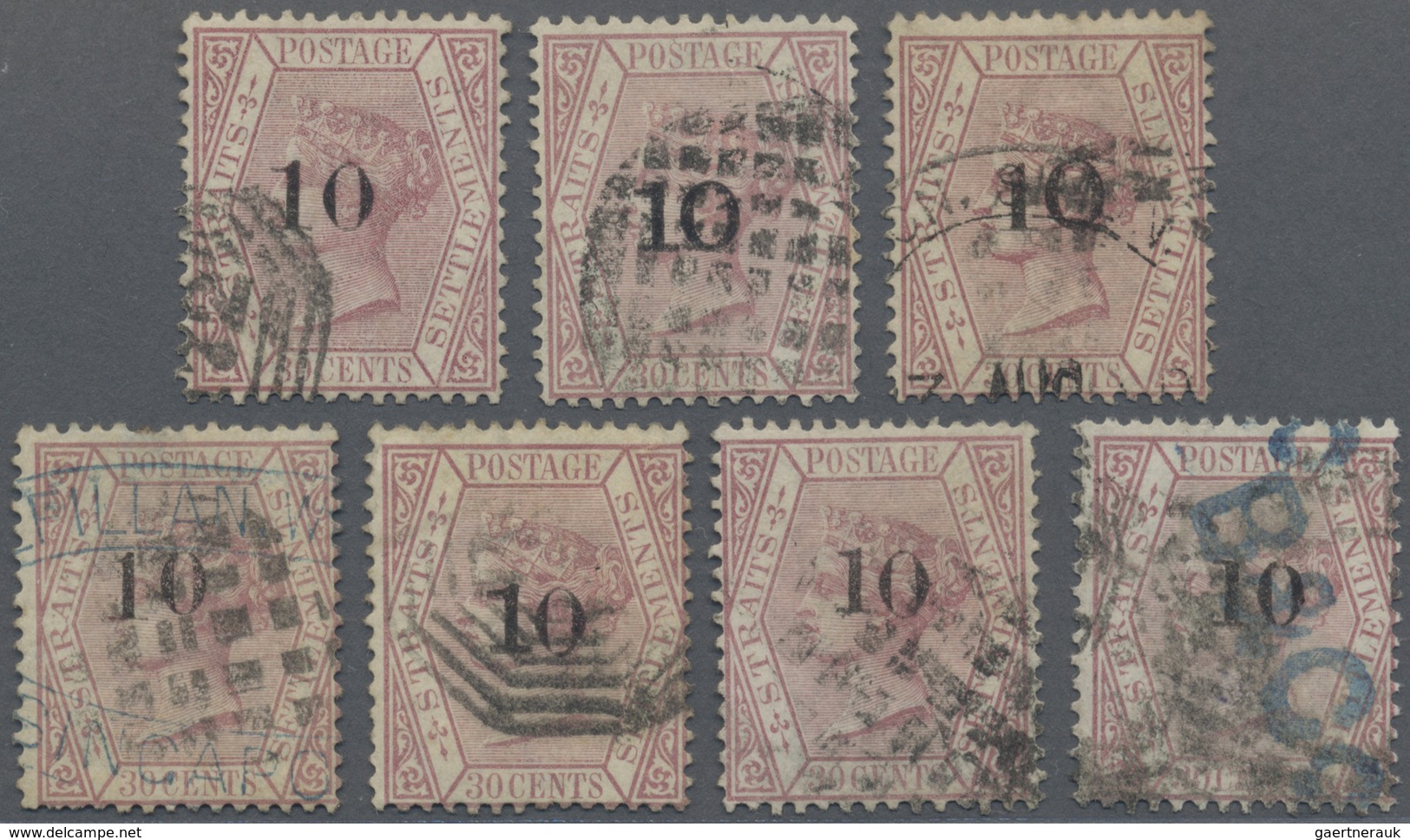 O Malaiische Staaten - Straits Settlements: 1880 "10" On 30c. Claret, Set Of Seven With All The Overpr - Straits Settlements