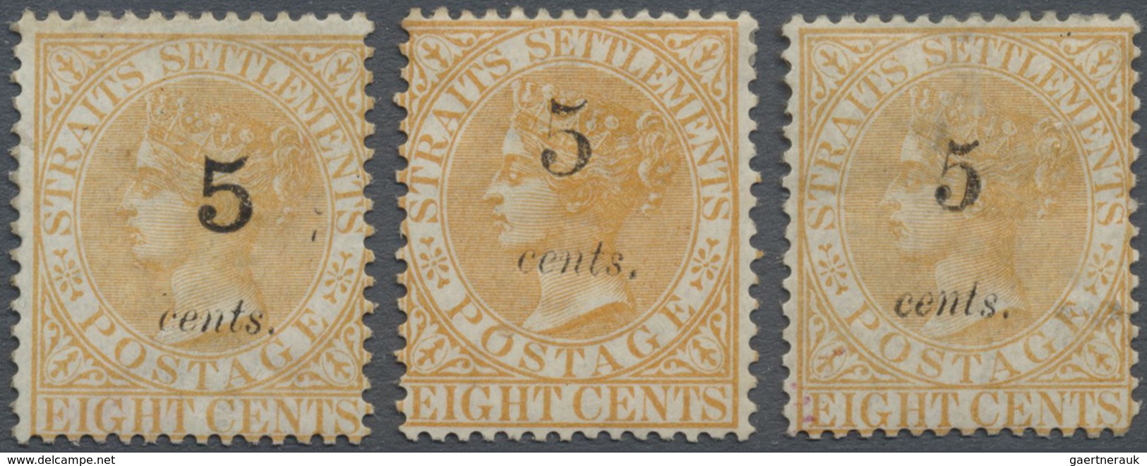 * Malaiische Staaten - Straits Settlements: 1880 5c. On 8c. Orange Three Singles Bearing The Three Typ - Straits Settlements