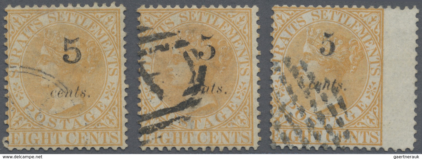 O Malaiische Staaten - Straits Settlements: 1880 5c. On 8c. Orange, Three Singles With The Three Types - Straits Settlements