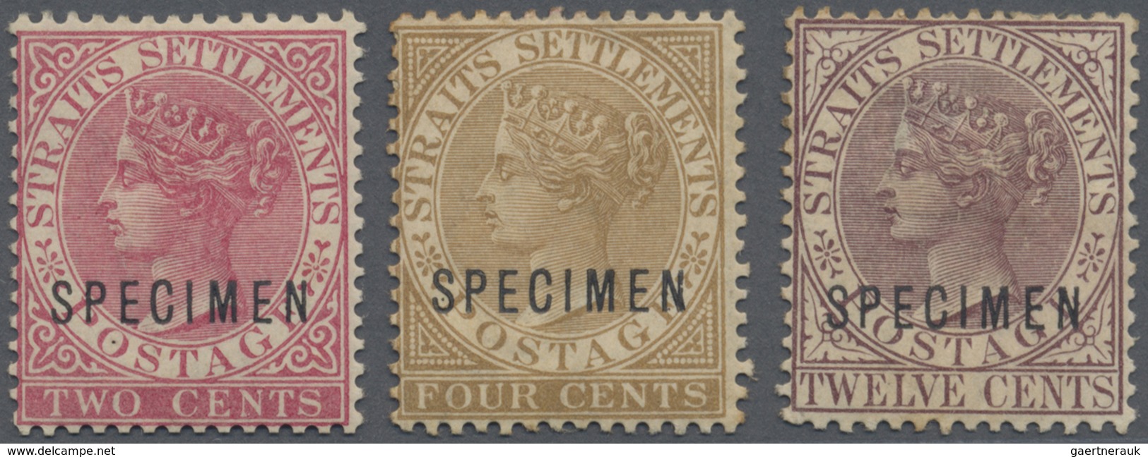 Malaiische Staaten - Straits Settlements: 1883-91 QV 2c. Rose, 4c. Brown And 12c. Brown-purple All W - Straits Settlements