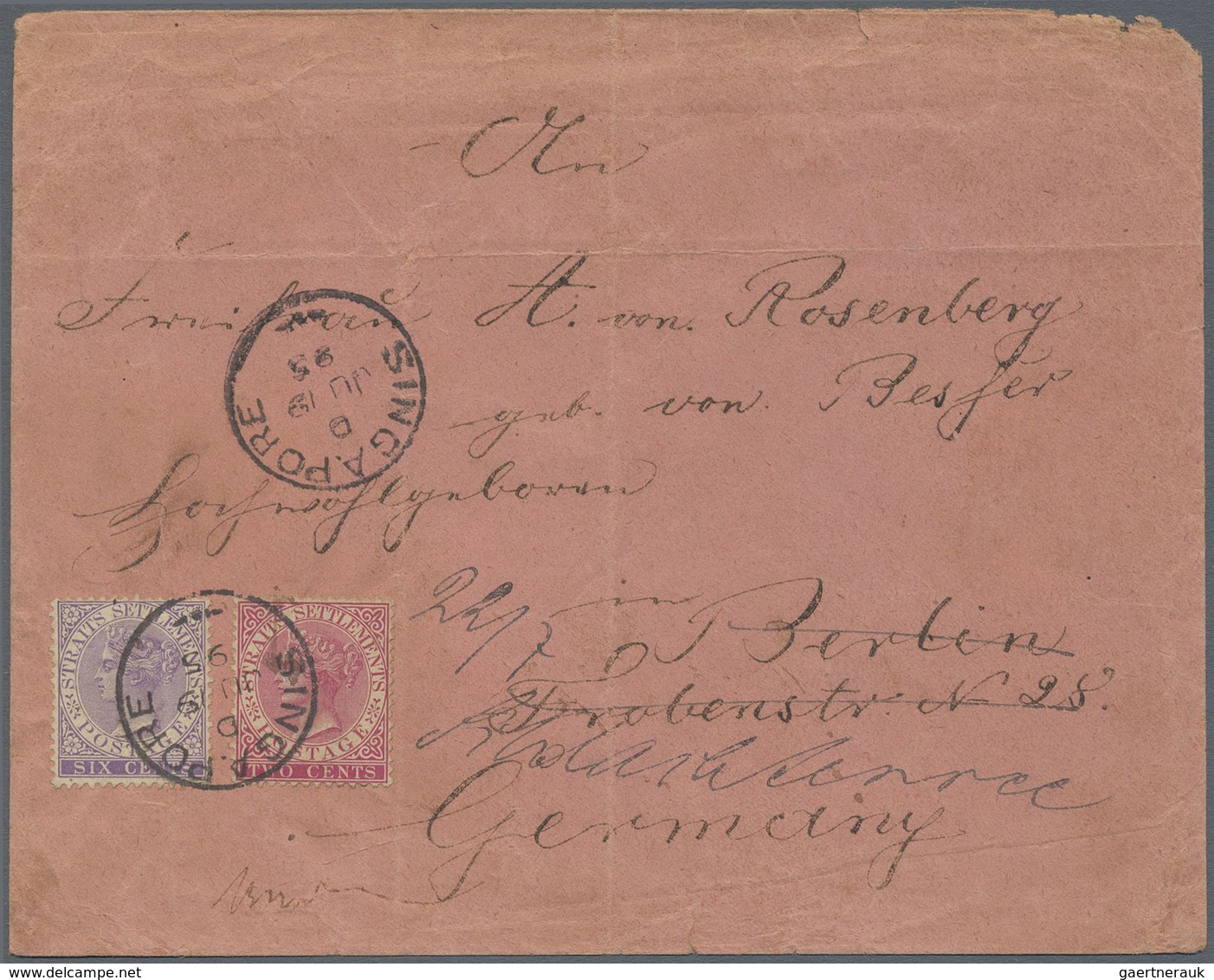 Br Malaiische Staaten - Straits Settlements: 1895 Cover From Singapore To Berlin, Redirected To Schlach - Straits Settlements