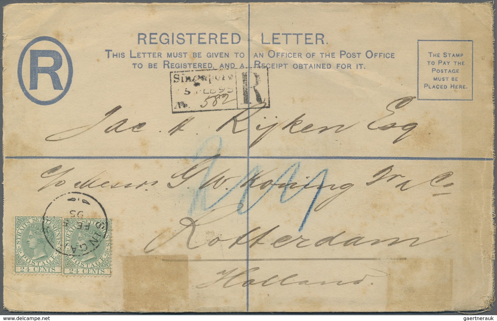 GA Malaiische Staaten - Straits Settlements: 1895. Registered Postal Stationery Envelope (faults/soiled - Straits Settlements