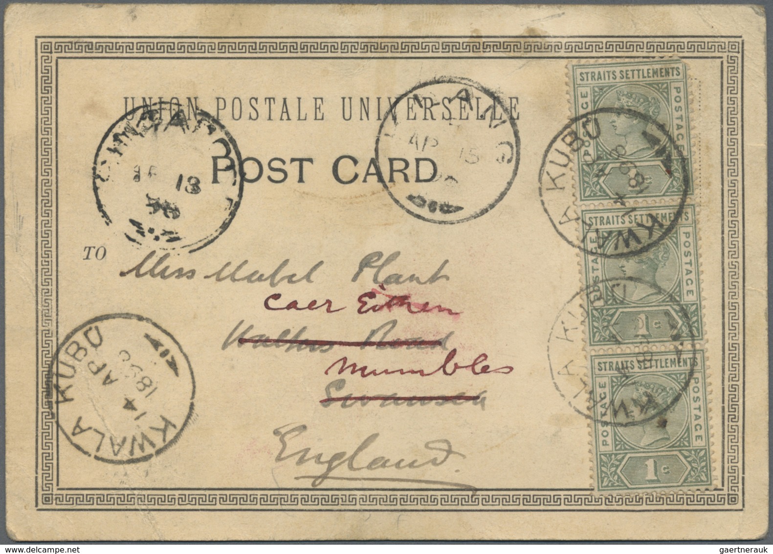 Br Malaiische Staaten - Straits Settlements: 1898, 1 C Green QV, Strip Of Three Multiple Franking On Re - Straits Settlements