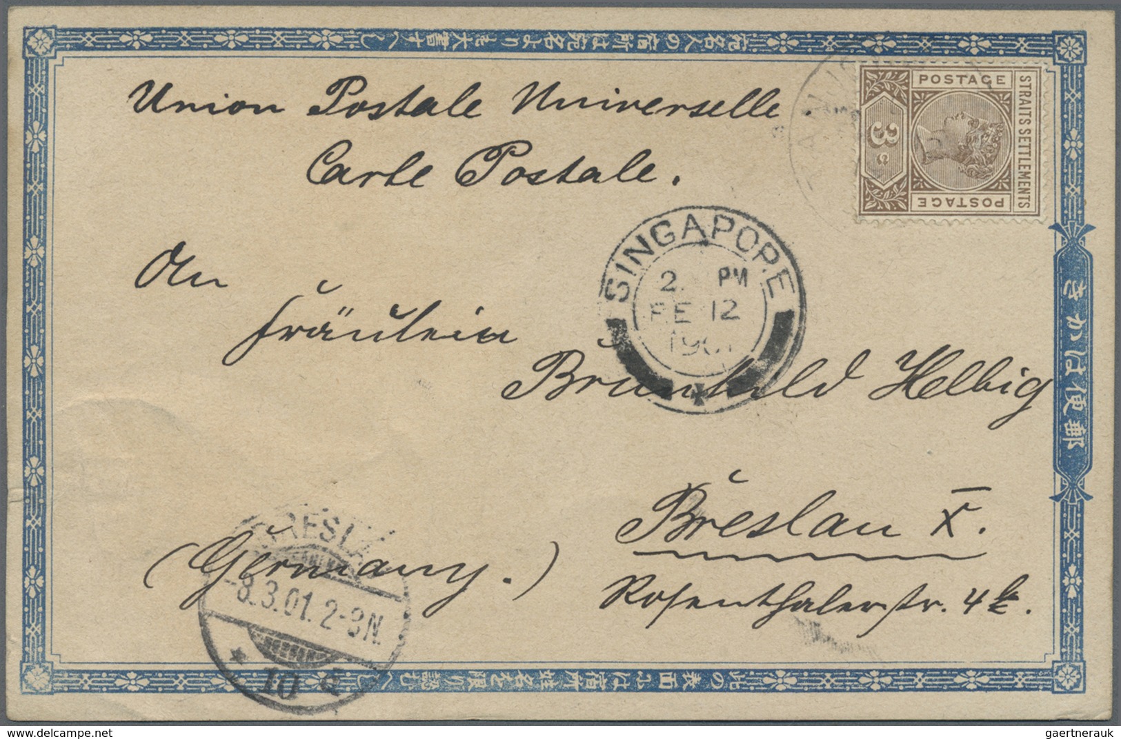 Br Malaiische Staaten - Straits Settlements: 1901, 3c. Brown On Attractive Pictorial Card (bronze And S - Straits Settlements