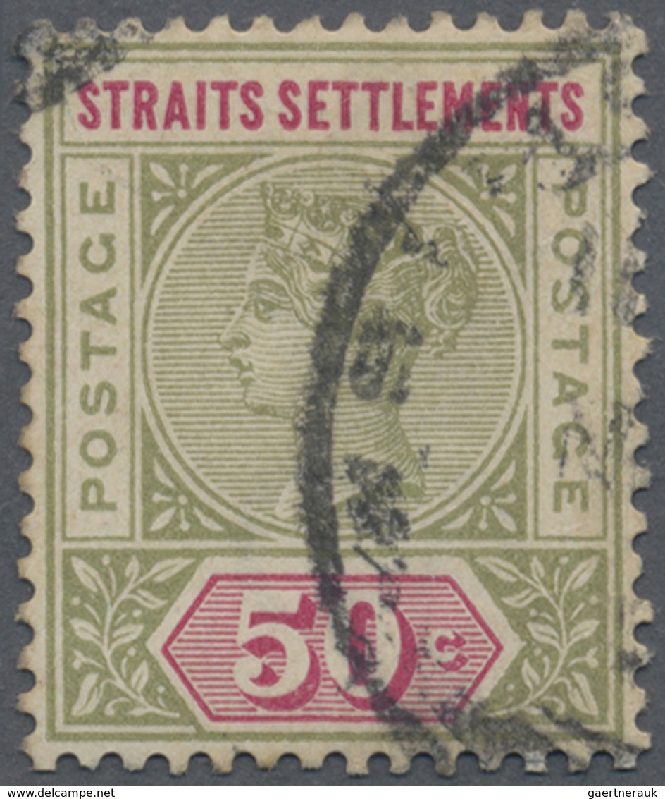 O Malaiische Staaten - Straits Settlements: 1892-99 QV 50c. Olive-green & Carmine, Variety "Repaired S - Straits Settlements