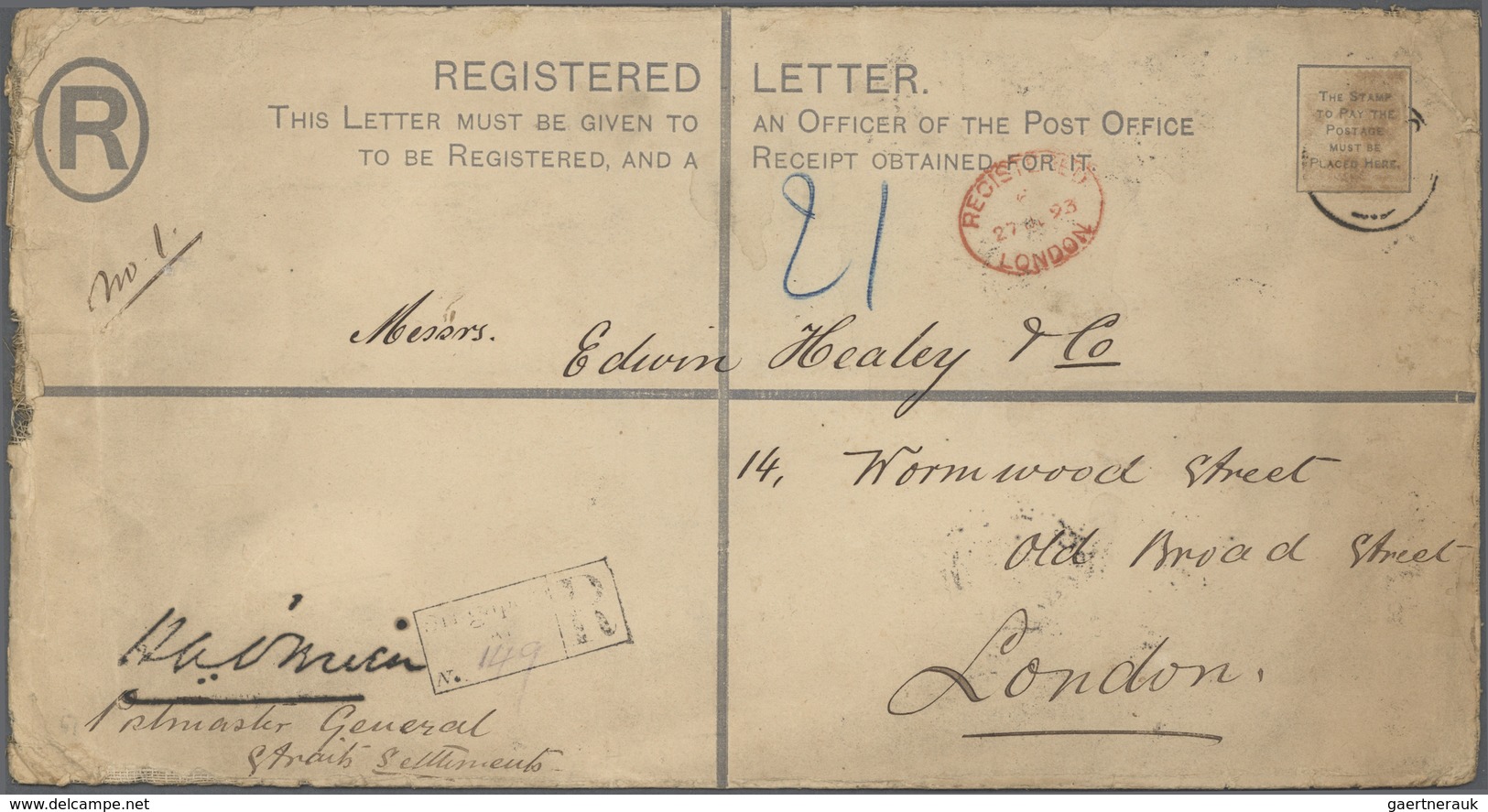 GA Malaiische Staaten - Straits Settlements: 1893, Registered Stationery Envelope QV 5d. Blue, Large Si - Straits Settlements