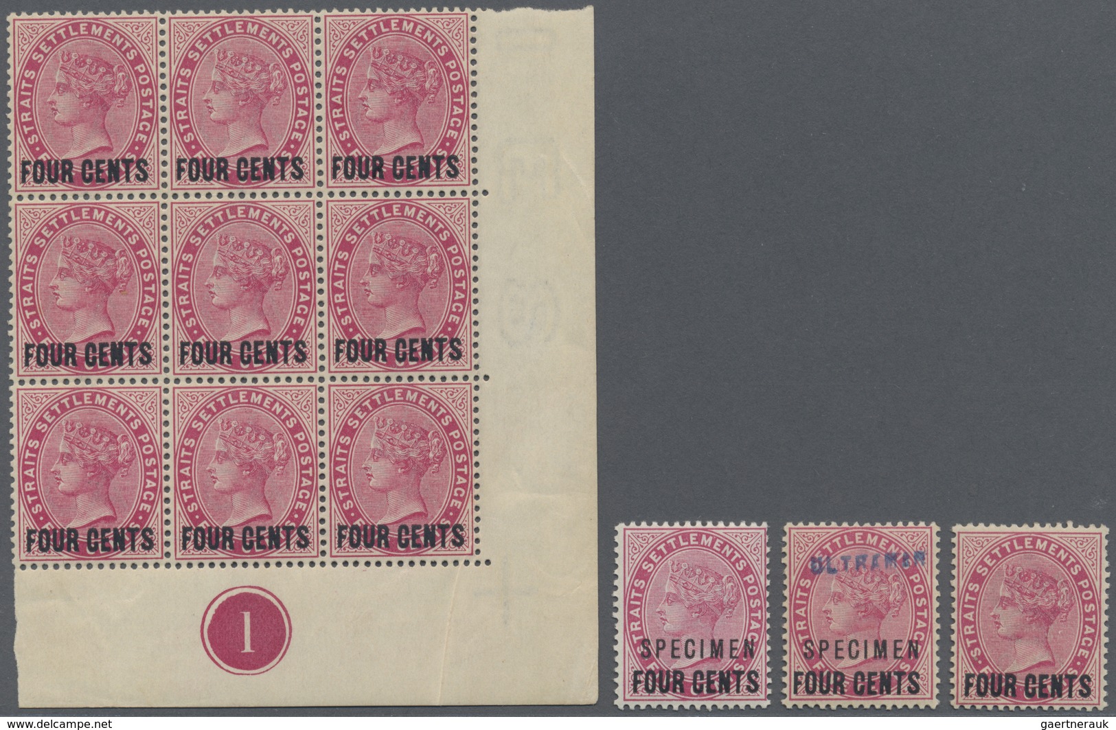 **/*/ Malaiische Staaten - Straits Settlements: 1899 QV "FOUR CENTS" On 5c. Carmine, Bottom Right Corner P - Straits Settlements