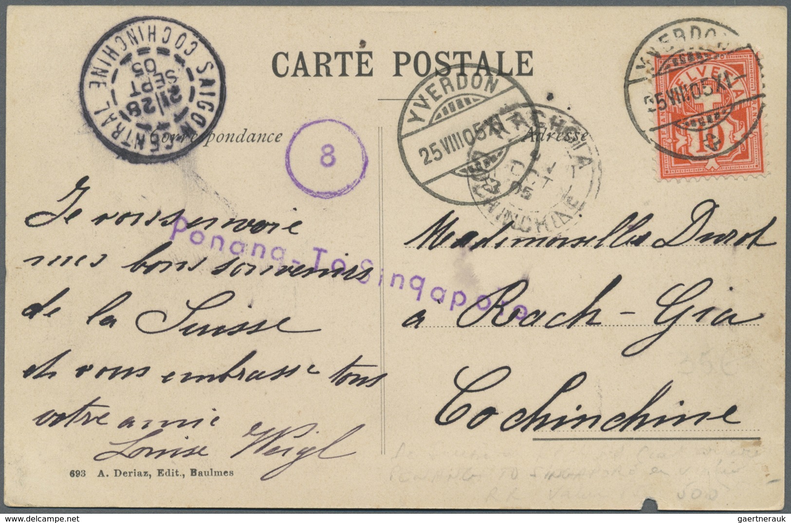Br Malaiische Staaten - Straits Settlements: 1905. Picture Post Card Written From Yverdon Addressed To - Straits Settlements