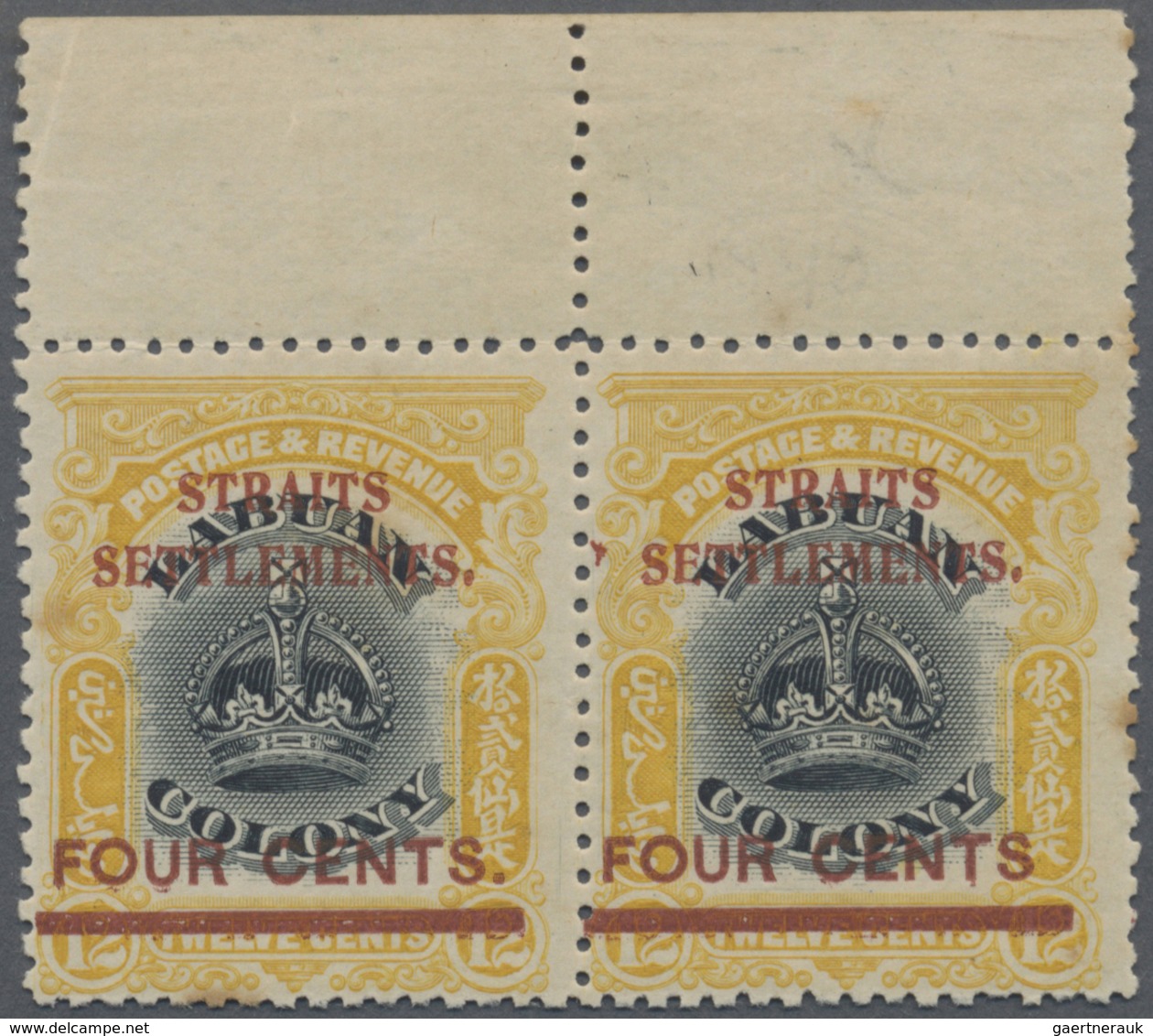 ** Malaiische Staaten - Straits Settlements: 1906-07 4c. On 12c. Black & Yellow Top Marginal Pair (Shee - Straits Settlements