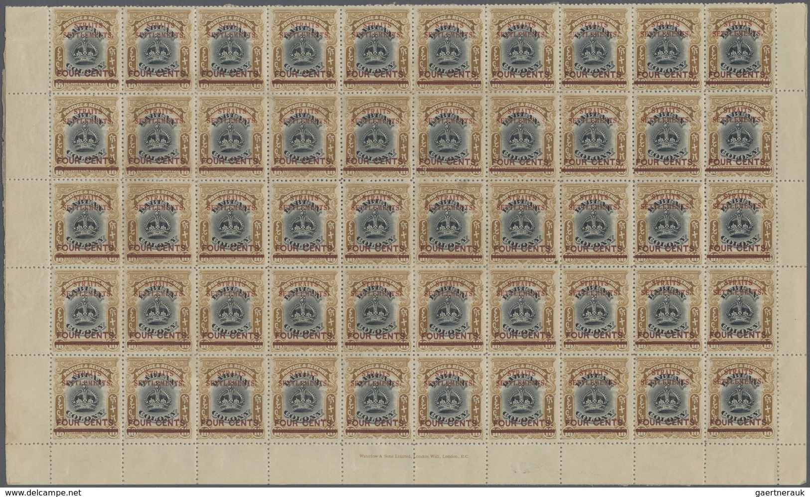 ** Malaiische Staaten - Straits Settlements: 1906-07 4c. On 18c. Black & Pale Brown Complete Sheet, Sep - Straits Settlements