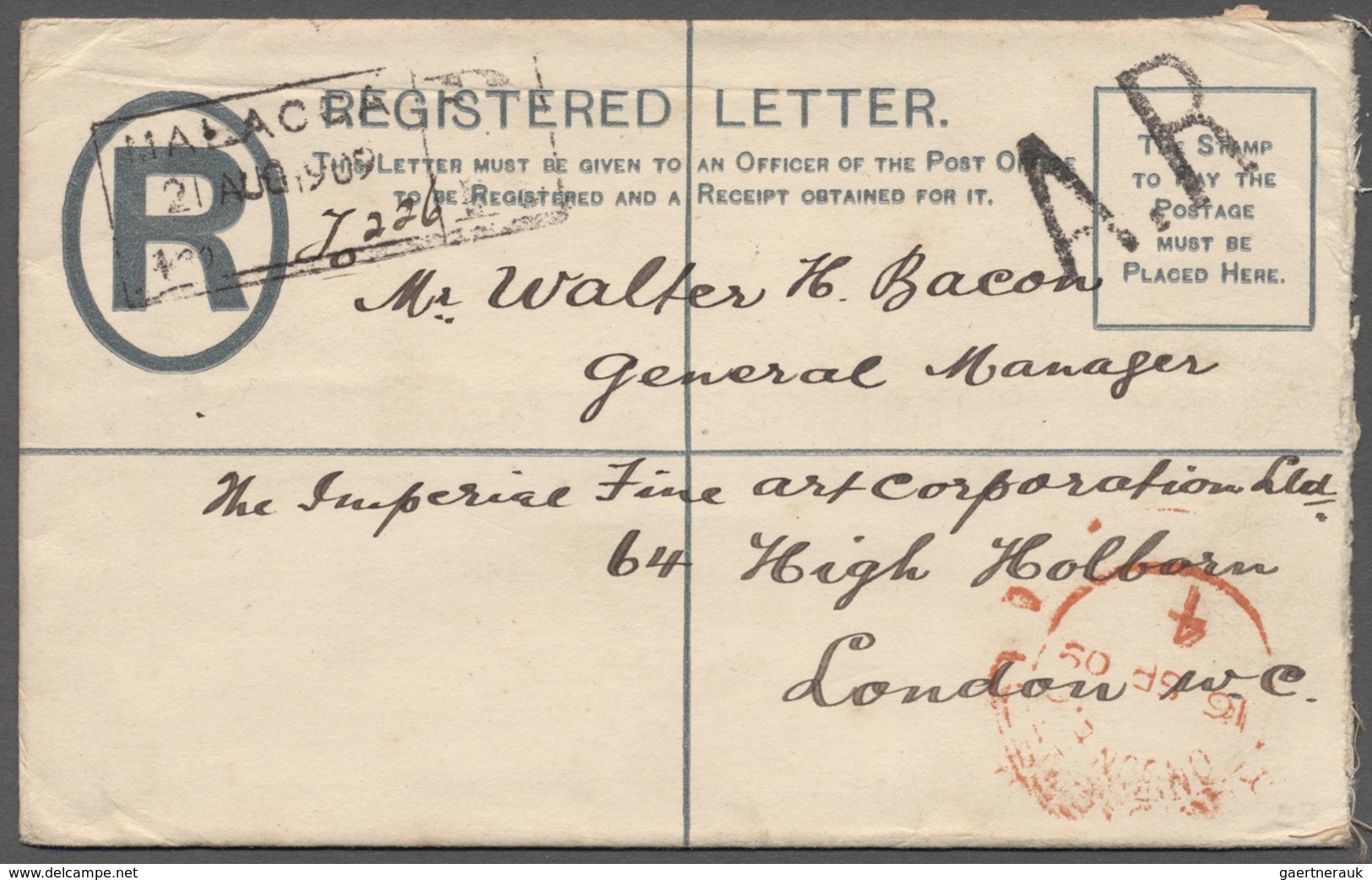 GA Malaiische Staaten - Straits Settlements: 1909 (21 Aug.), Malacca: 10c. Registered Envelope To Londo - Straits Settlements