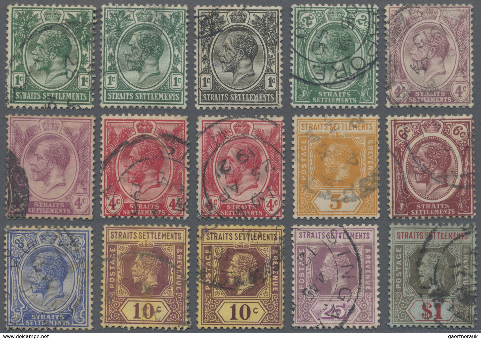 O Malaiische Staaten - Straits Settlements: 1912-23 KGV. Watermark Varieties: Group Of 15 Different St - Straits Settlements