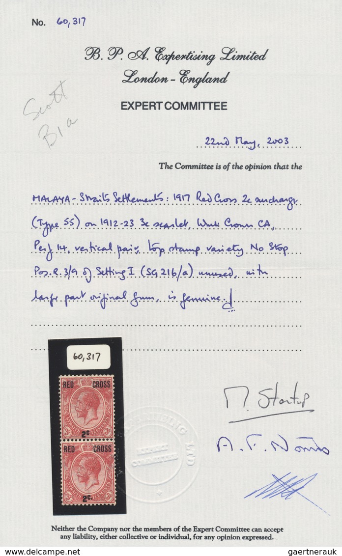 * Malaiische Staaten - Straits Settlements: 1917 Red Cross 3c.+ 2c. Scarlet, Variety "No Stop", Mounte - Straits Settlements