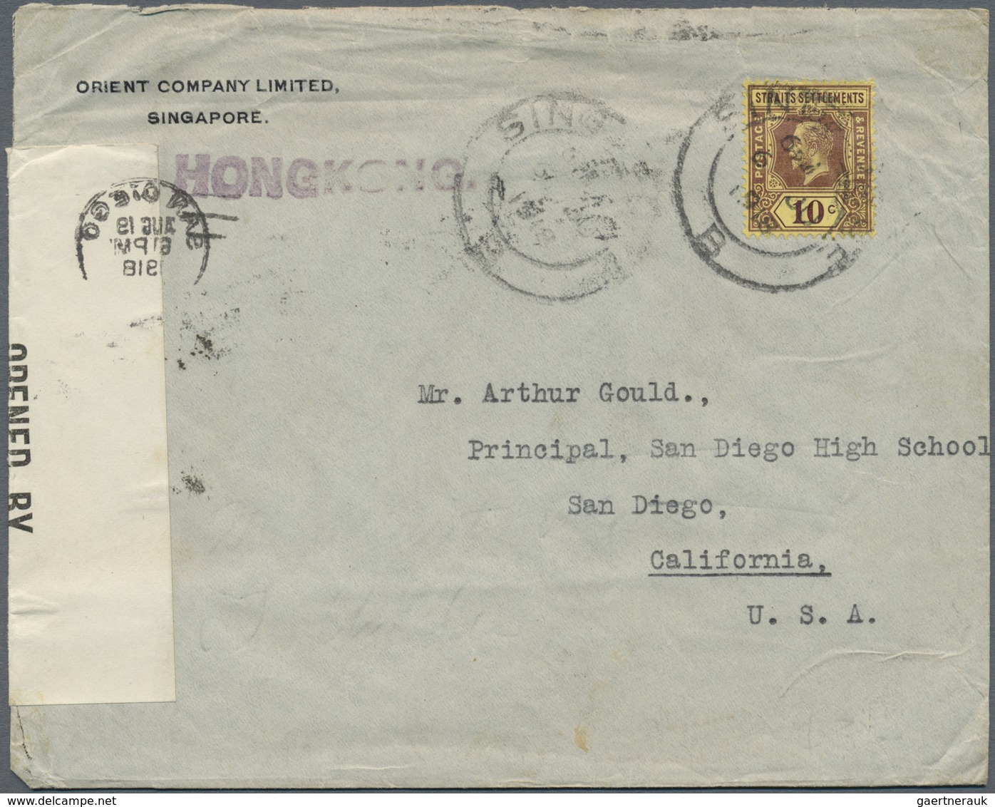 Br Malaiische Staaten - Straits Settlements: 1918. Censored Envelope Addressed To The United States Bea - Straits Settlements